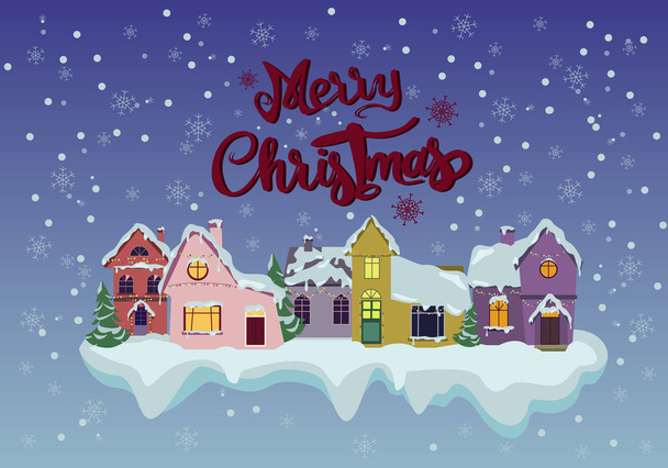 vettore con allegra scritta natalizia vicino a case, pini e neve che cade sul blu - Vettoriali, immagini