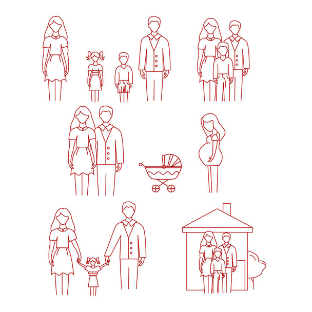 ícones vetoriais com família, mulher grávida e carrinho no fundo branco  - Vetor, Imagem