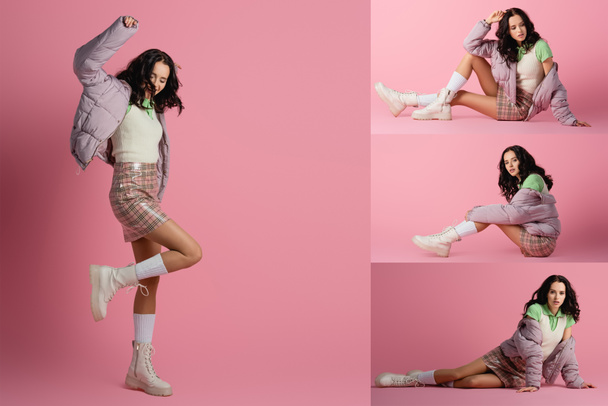 collage of brunette young woman in stylish winter outfit posing on floor on pink background - Fotó, kép