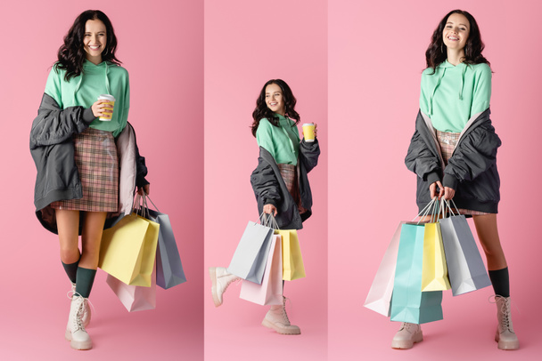 笑顔のブルネットの若い女性のコラージュカジュアルな冬服でショッピングバッグとコーヒーでピンクの背景に行く - 写真・画像