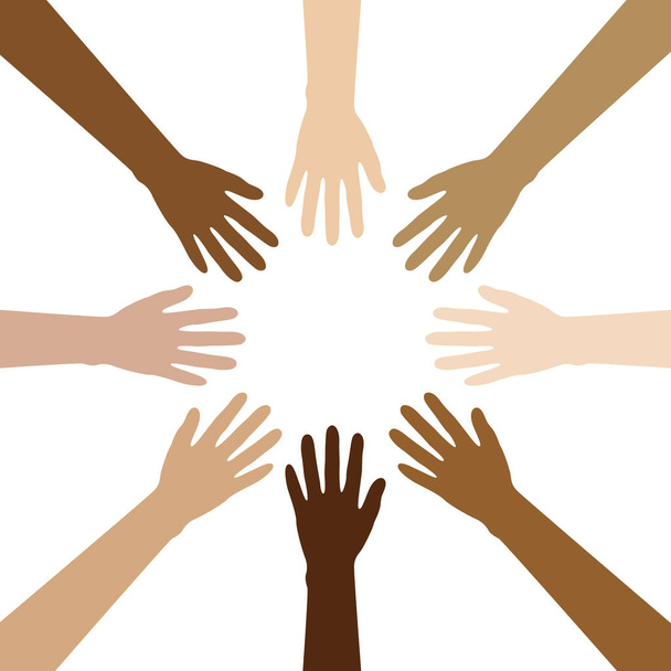 grupo de manos humanas con diferentes colores de piel construyen un círculo aislado en blanco - Vector, Imagen
