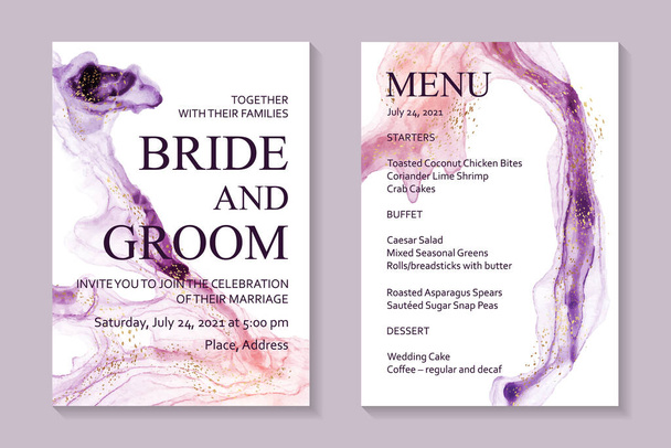 Modernes Hochzeitseinladungsdesign oder Kartenvorlagen für Geburtstagsgrüße oder -urkunden oder Cover mit rosa und lila flüssigen Farbwellen und goldenen Spritzern auf weißem Hintergrund. - Vektor, Bild