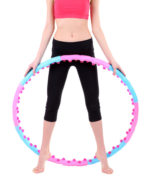 Woman doing exercises with hula hoop isolated on white - Foto, Imagen
