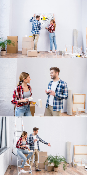 collage van jonge man en vrouw die thuis foto verwijderen, praten en koffie drinken - Foto, afbeelding