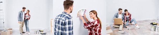 幸せな若いカップルのコラージュは、お互いを見て壁の色を選択し、床にラップトップの近くに座って、バナー - 写真・画像