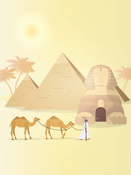 A shepherd leads camels through the desert. Egyptian pyramids, sphinx. Vector illustration. - Vector, Image