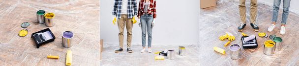 collage de pareja joven de pie cerca de latas de pintura, rodillos, bandeja y guantes en el suelo cubierto con polietileno, pancarta - Foto, imagen