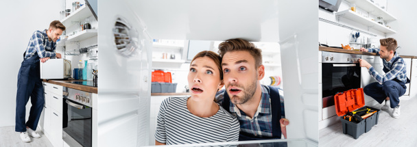 collage del manitas apoyado en el microondas, botón del horno de comprobación y mirando el congelador cerca de la mujer joven en la cocina, pancarta - Foto, imagen