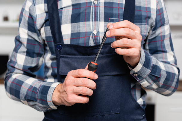 cropped view of handyman holding screwdriver on blurred background indoors - Foto, Bild