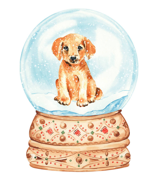 Navidad acuarela bola de nieve clipart, Vintage Navidad bricolaje tarjetas con camión rojo, perro, oso de peluche, abeto - Foto, Imagen