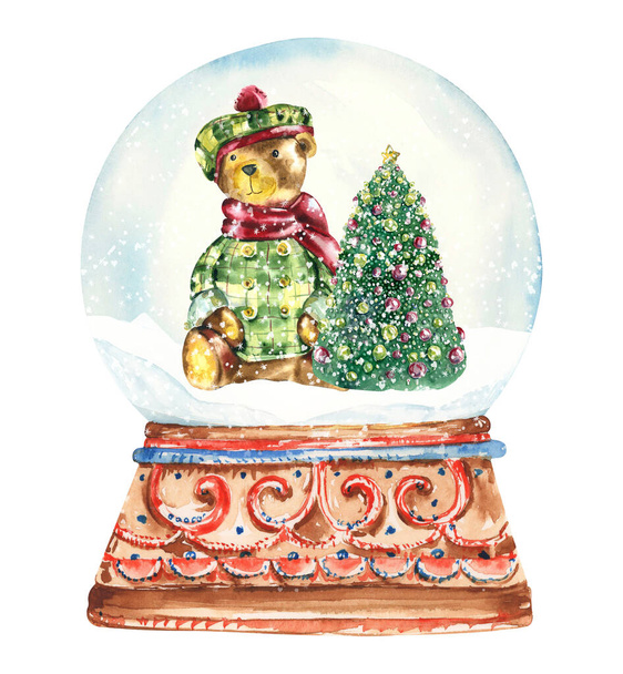 赤いトラック、犬、テディベア、モミの木と水彩クリスマス雪の世界のクリップ、ヴィンテージクリスマスのダイカード - 写真・画像