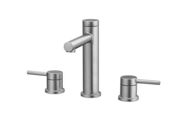 Brushed nickel metal bathroom water tap with levers isolated on white background. Silver sprinkler for kitchen and bath, interior design - Photo, Image