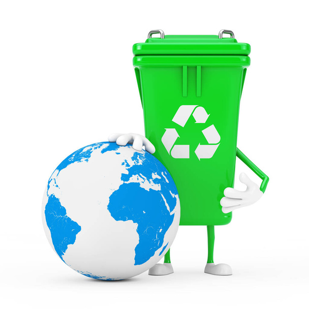 Recycle Sign Verde Lixo Lixo Bin Character Mascote com Globo de Terra em um fundo branco. Renderização 3d - Foto, Imagem