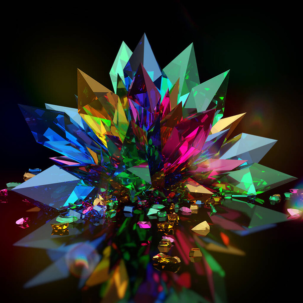 Pedra de cristal de chama de arco-íris de quartzo colorido ou gema em um fundo preto. Renderização 3d  - Foto, Imagem