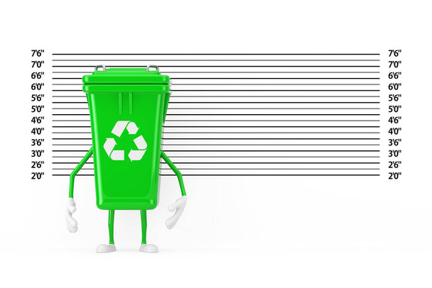 Znak recyklingu Zielony śmietnik Kosz na śmieci Maskotka charakter przed policją skład lub zdjęcie Mugshot Tło ekstremalne zbliżenie. 3d Renderowanie - Zdjęcie, obraz