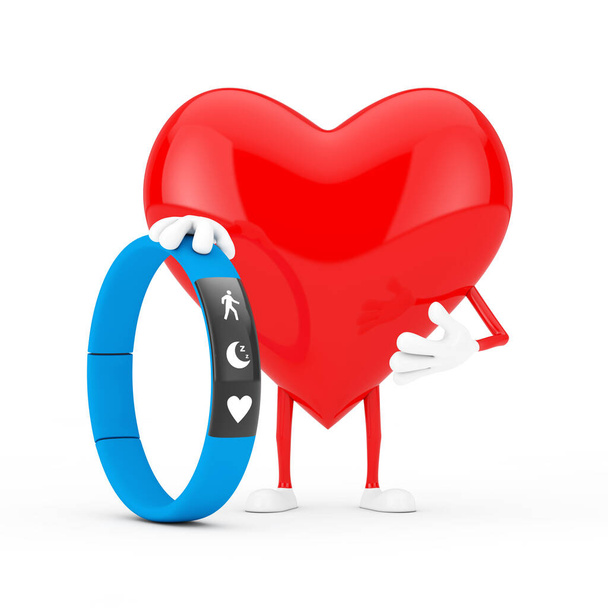 Red Heart Character Mascote com Blue Fitness Tracker em um fundo branco. Renderização 3d - Foto, Imagem