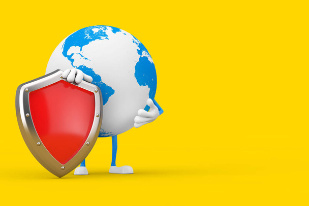 Earth Globe Charakter maskot s Red Metal Protection Shield na žlutém pozadí. 3D vykreslování - Fotografie, Obrázek