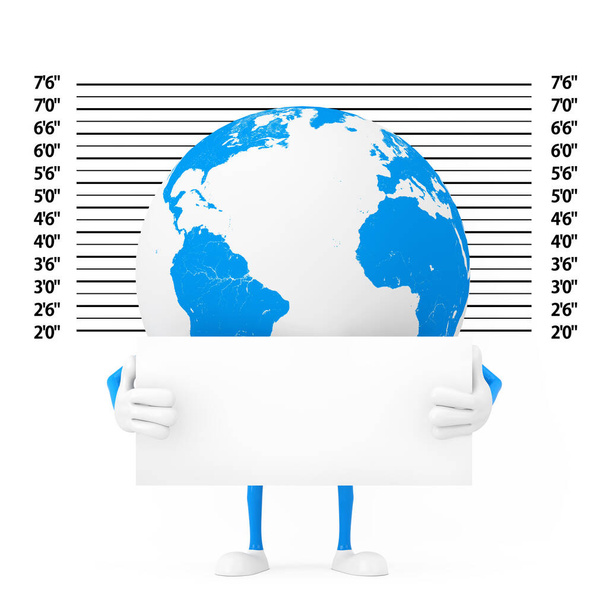 Mascotte de personnage du Globe de terre avec plaque d'identification devant la police ou Mugshot Arrière-plan extrême gros plan. Rendu 3d - Photo, image