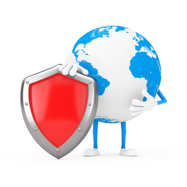 Earth Globe Character Mascot with Red Metal Protection Shield on a white background. 3d Rendering - Photo, Image