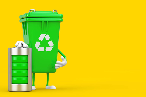 Prullenbak Sign Groene vuilnisbak Karakter Mascotte met abstracte oplaadbatterij op een gele achtergrond. 3d Rendering - Foto, afbeelding
