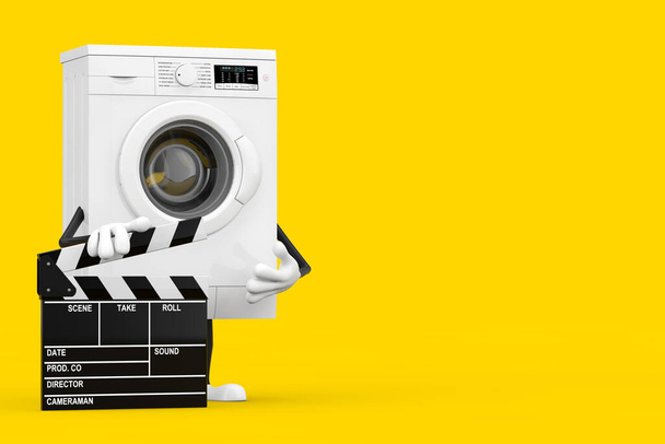 Mascota de carácter de lavadora blanca moderna con tablero de película Clapper sobre un fondo amarillo. Renderizado 3d - Foto, Imagen