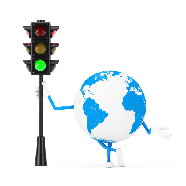 Carácter del globo terrestre Mascota con semáforo verde sobre fondo blanco. Renderizado 3d - Foto, imagen