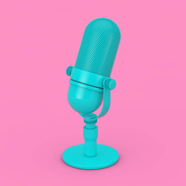 Vintage Blue Microphone Mock Up in Duotone Style op een roze achtergrond. 3d Rendering - Foto, afbeelding
