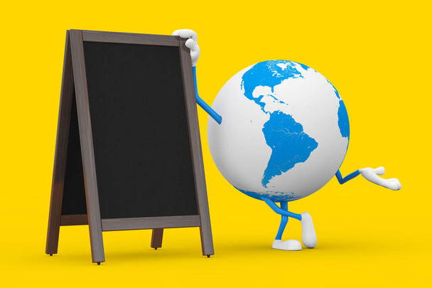 Mascotte personaggio globo terrestre con menu in legno bianco Lavagne Display esterno su sfondo giallo. 3d Rendering - Foto, immagini