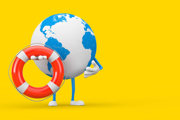Earth Globe postać maskotka i nowoczesny telefon komórkowy z boi życia na żółtym tle. 3d Renderowanie - Zdjęcie, obraz