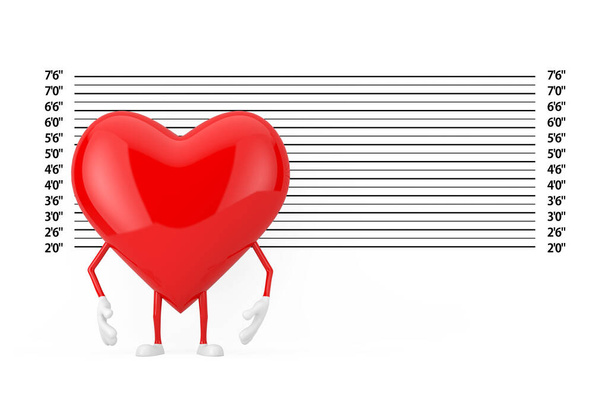 Carácter de corazón rojo Mascota en frente de la alineación de la policía o Mugshot Fondo extrema primer plano. Renderizado 3d - Foto, imagen