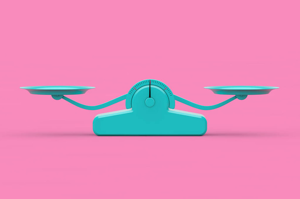 Escala de equilíbrio azul simples em estilo Duotone em um fundo rosa. Renderização 3d - Foto, Imagem