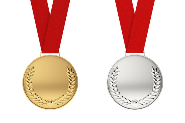 Medalla de Oro y Plata con Corona de Laurel sobre fondo blanco. Renderizado 3d  - Foto, Imagen