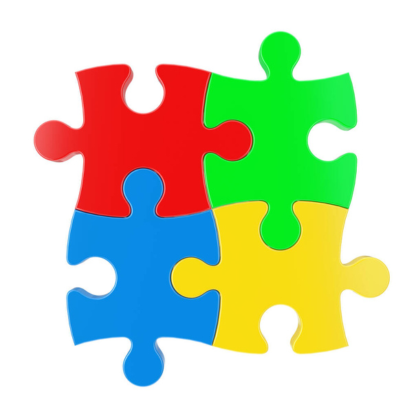 Cztery kolorowe kawałki Puzzle na czerwonym tle. 3d Renderowanie  - Zdjęcie, obraz