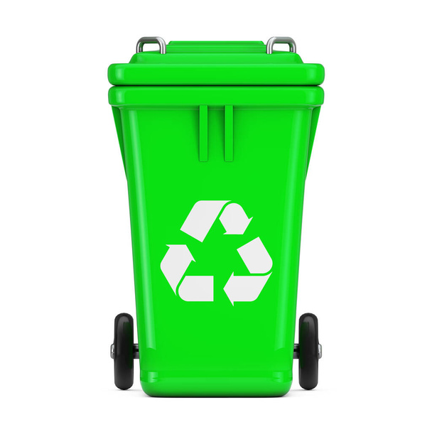Recycle Sign Green Papierkorb auf weißem Hintergrund. 3D-Darstellung - Foto, Bild