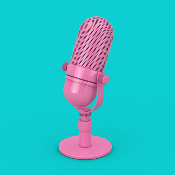 Vintage Pink Microphone Mock Up in Duotone Style on a blue background. 3d Rendering - Foto, Imagen