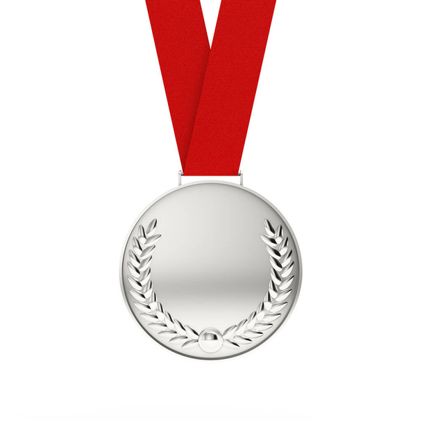 Серебряная медаль с Лорел Венок на белом фоне. 3D-рендеринг  - Фото, изображение