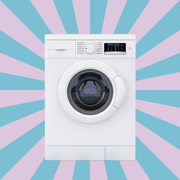 Moderne wasmachine op een Vintage Star Shape roze en blauwe achtergrond. 3d Rendering  - Foto, afbeelding