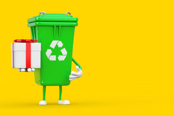 Recycle Sign Green Lixo Lixo Bin personagem mascote com caixa de presente e fita vermelha em um fundo amarelo. Renderização 3d - Foto, Imagem