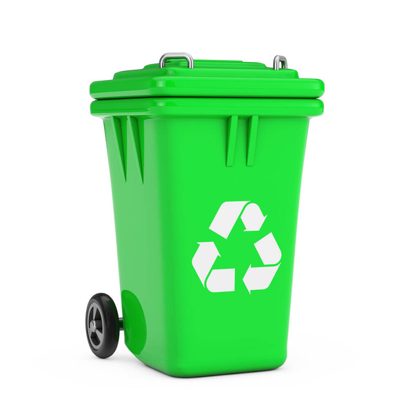Kierrätä merkki Vihreä Roskakori valkoisella pohjalla. 3d renderöinti - Valokuva, kuva