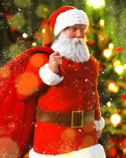 Santa Claus con bolsa llena de regalos en la víspera de Navidad, 3d render. - Foto, Imagen