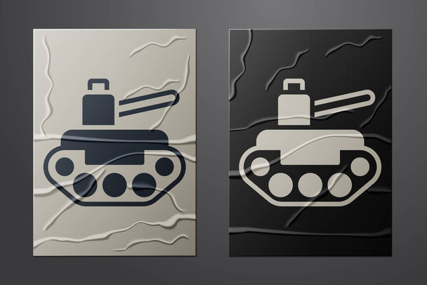 Weiße Militärpanzer-Ikone isoliert auf zerknittertem Papierhintergrund. Papierkunst. Vektor. - Vektor, Bild