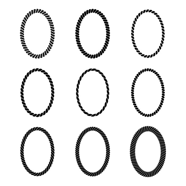 単色黒楕円形のロープフレームのベクトルセット。編組コードで構成された白の背景に隔離された厚さと薄い境界線のコレクション。マリンスタイルの装飾とデザインのために. - ベクター画像