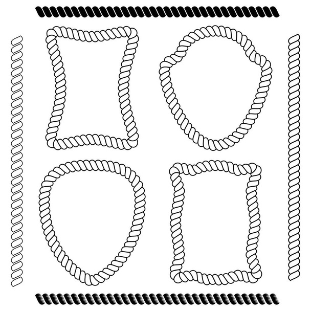 Conjunto de quadros vetoriais isolados de forma retangular e a forma do escudo simulando corda marinha sobre um fundo branco. Escovas de vetor imitando corda - Vetor, Imagem