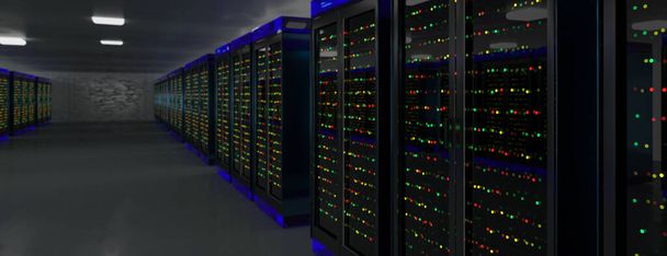 Data center della sala server. Backup, estrazione mineraria, hosting, mainframe, fattoria e computer rack con informazioni di archiviazione. rendering 3d - Foto, immagini