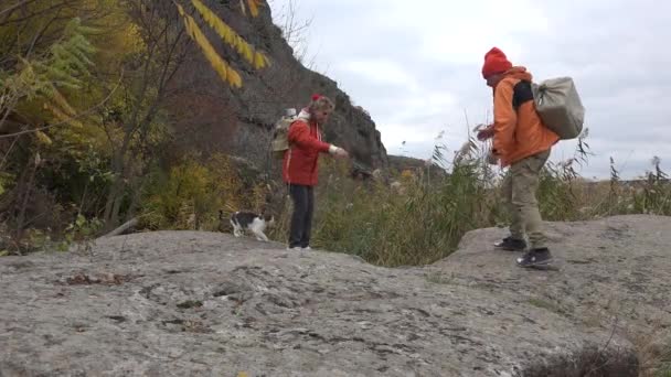Az érett férfi narancssárga kabátban és kötött sapkában segít egy nőnek hátizsákkal és egy házi macskával átugrani egy patakot az őszi hegyekben. - Felvétel, videó
