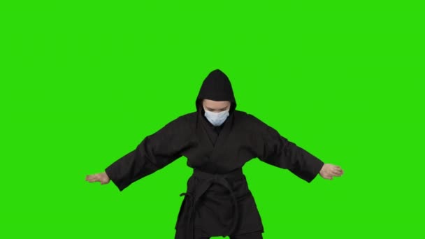 Боротьба жінки в чорному костюмі ніндзя на зеленому ізольованому фоні
 - Кадри, відео