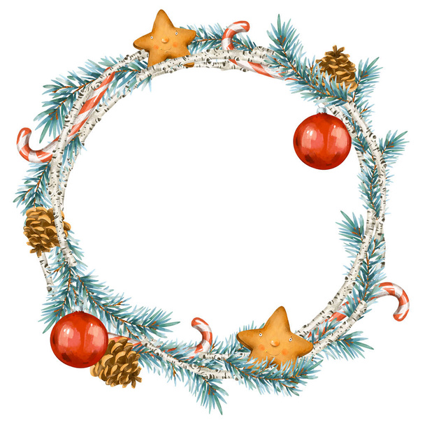 Ghirlanda natalizia in stile vintage. Telaio rotondo con ramo di abete rosso, betulla, biscotto isolato su sfondo bianco - Foto, immagini