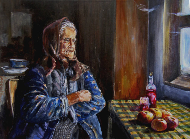 Stara kobieta z Europy Wschodniej patrzy przez okno w starym domu. Na stole jest łabędzi bimber i jabłka. Malarstwo na płótnie akryl i olej. - Zdjęcie, obraz