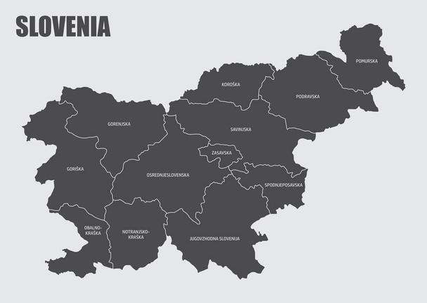 De Sloveense geïsoleerde kaart verdeeld in administratieve gebieden met etiketten - Vector, afbeelding