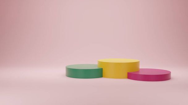 Άδειο βάθρο πολλαπλών χρωμάτων επίδειξη κυλίνδρων. Αφηρημένη 3D καθιστούν με αντίγραφο χώρο για banner branding, βήμα βάθρο, βιτρίνα για την προώθηση των προϊόντων - Φωτογραφία, εικόνα